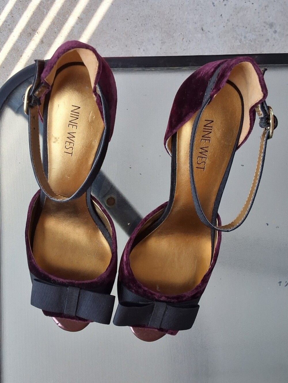 Nine West Burgundy Velvet Bow Ankle Strap Heels – Elegant Dressy Pumps